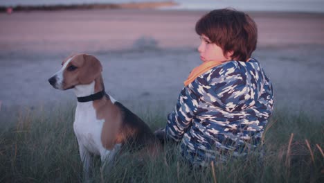 4k outdoor seaside child and dog looking at sunset