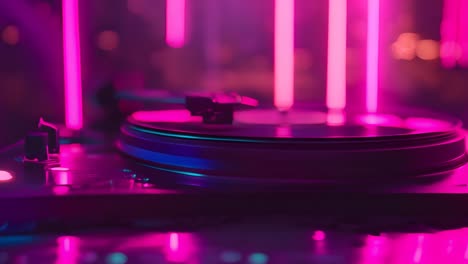 vinyl record player in a neon pink nightclub setting