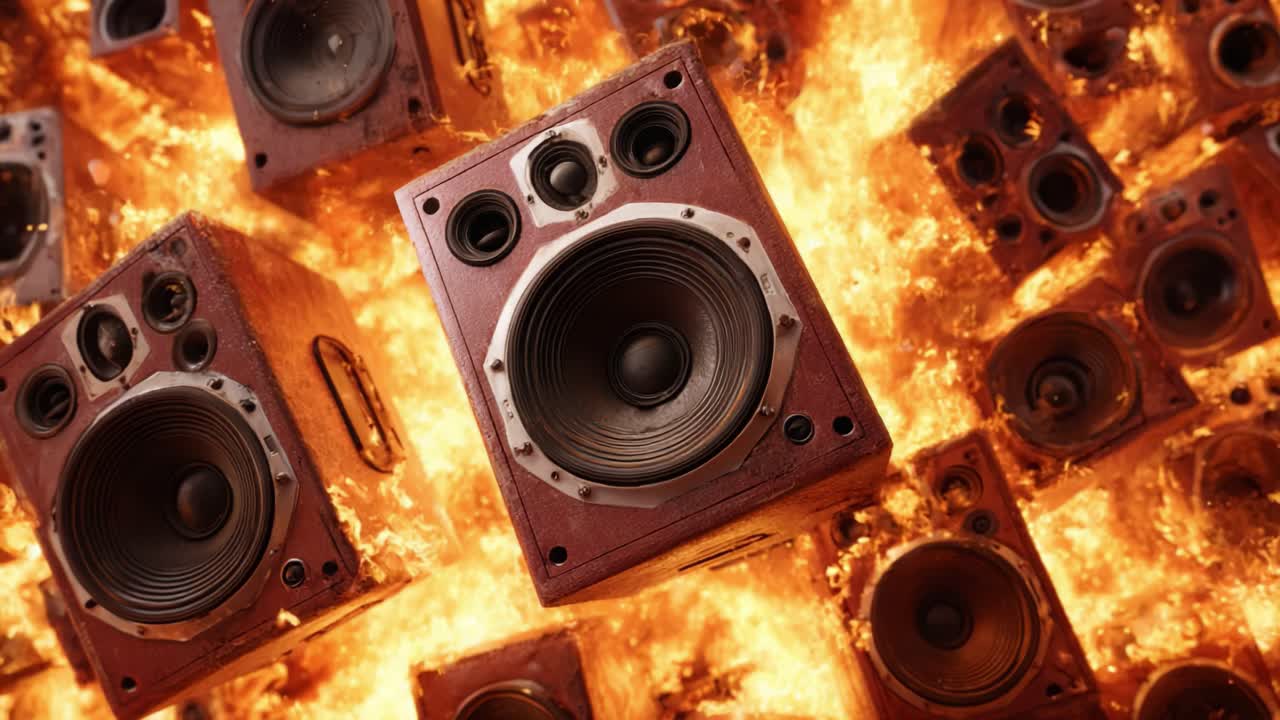 Display dinamico di un impianto audio scintillante: una straordinaria vetrina di musica e movimento con amplificatori che erompono attraverso le fiamme in una sinfonia visiva esplosiva.