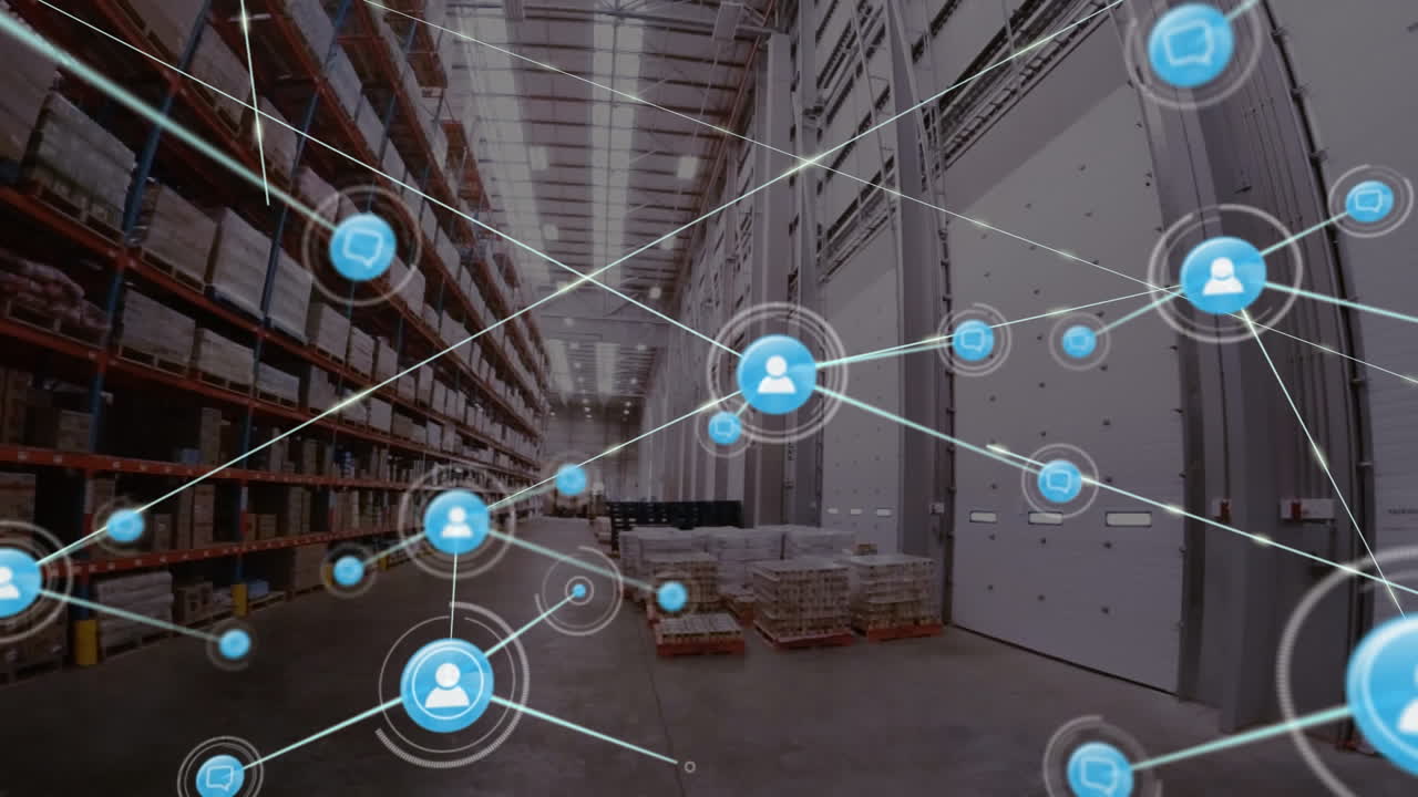 animación de la red de conexiones con iconos sobre el almacén