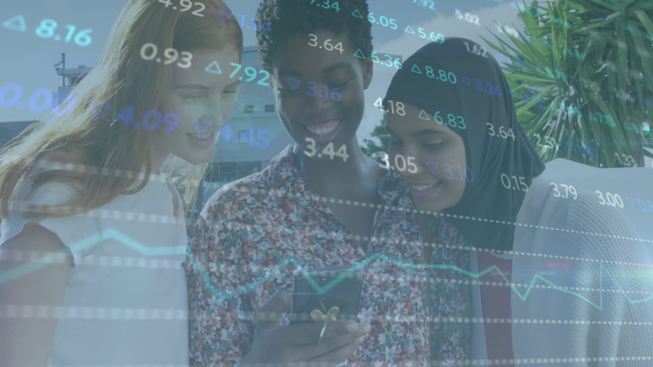 Animation of stock market data processing over group of diverse women using smartphone on street