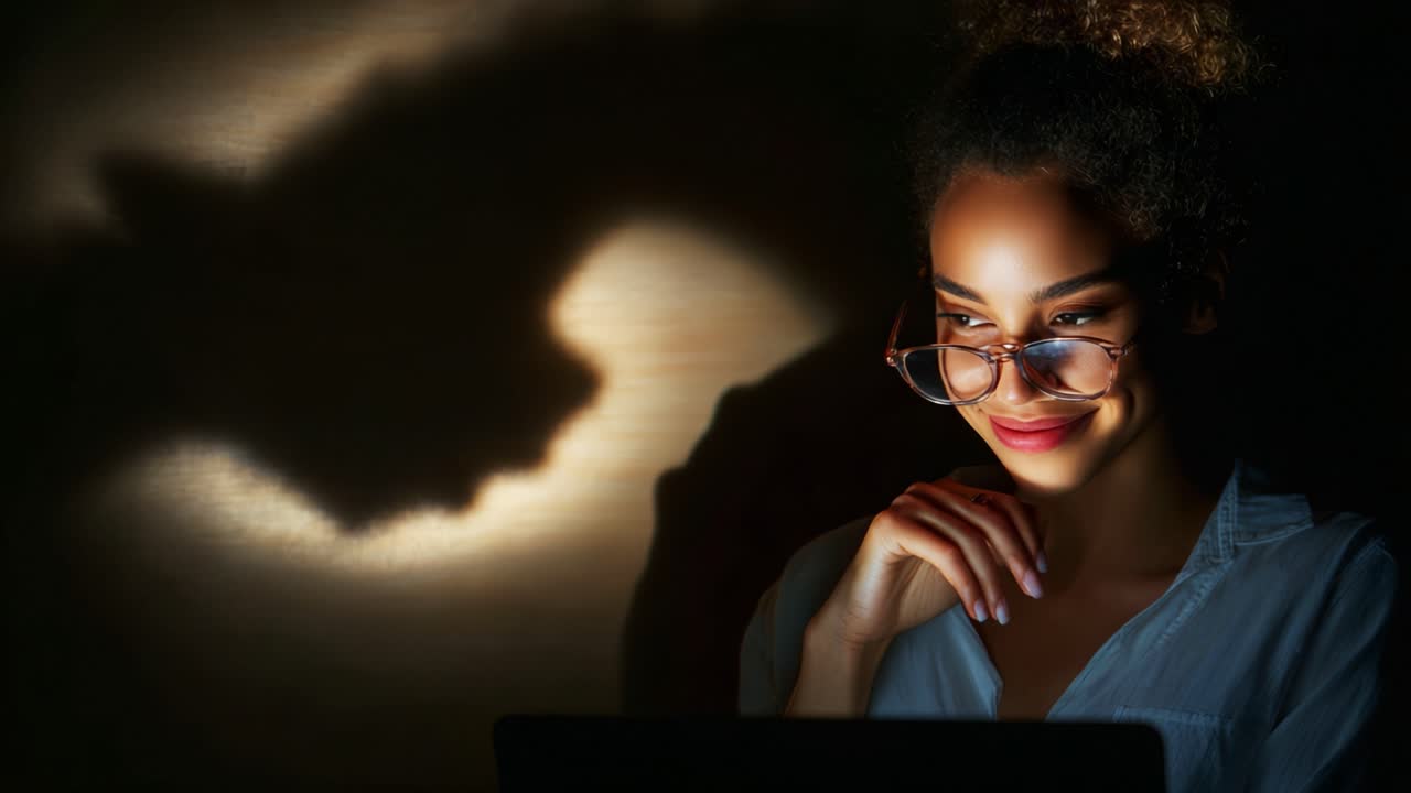 A Woman with Glasses Smiles Thoughtfully While Working on a Laptop, her Shadow Casting an Intriguing Silhouette Against a Softly Lit Background in a Cozy Workspace