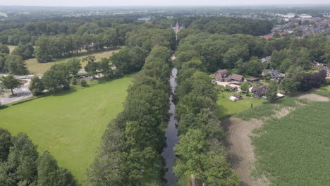 aerial of canal in a scenic dutch rural town