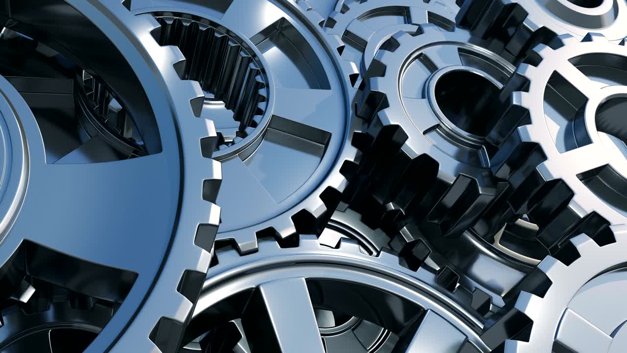 hermosos engranajes metálicos girando en el mecanismo de trabajo de primer plano. animación en bucle 3d. proceso de trabajo abstracto. trabajo en equipo concepto de negocio y tecnología.