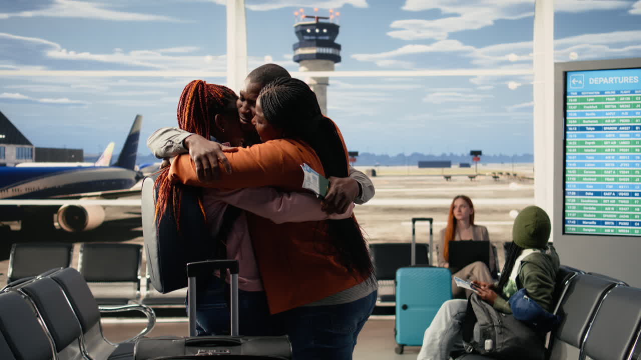 Escena emotiva de padres afroamericanos abrazando a su hija en la terminal del aeropuerto.