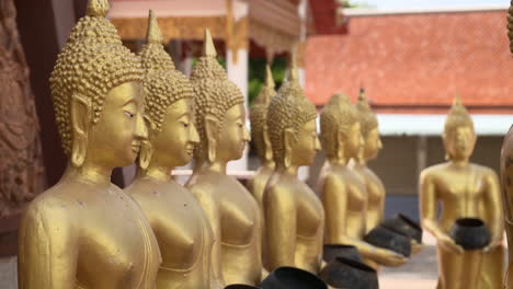 row of smiling golden buddha statues with alms bowl, rack focus