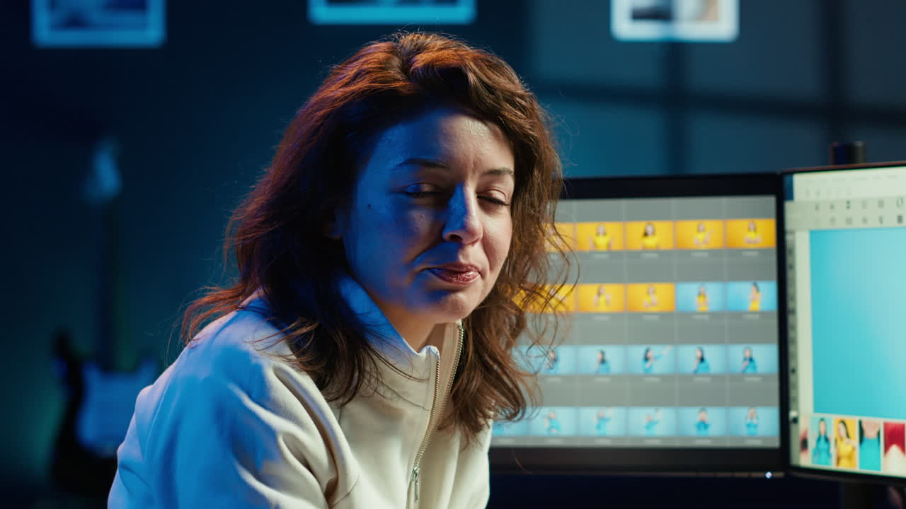 fotógrafo sonriente manipulando las imágenes, de cerca