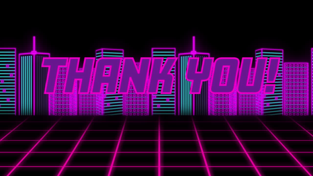 검은색 배경에 도시 풍경 위에 감사 텍스트의 애니메이션