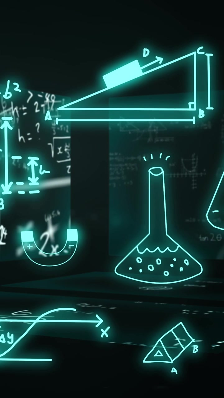 Animazione di formule matematiche ed elaborazione dati scientifici su sfondo nero