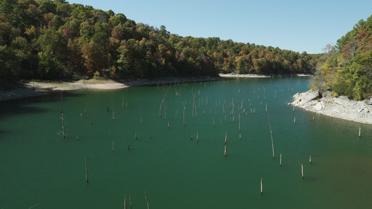 una vista de viejos pilotes de madera sobre el lago en eagle hollow cave, arkansas, estados unidos