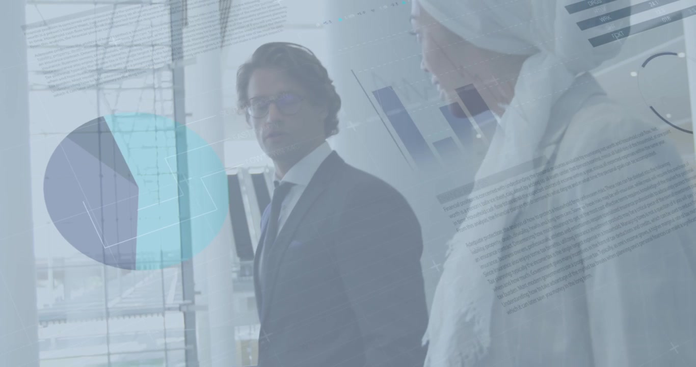 Animation of financial data and graphs over diverse businessman and businesswoman talking in office