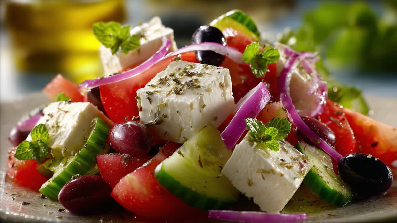 A Vibrant Mediterranean Salad Brimming with Fresh Ingredients, Featuring Juicy Tomatoes, Crisp Cucumbers, Creamy Feta Cheese, and Flavorful Olives for a Healthy Delight