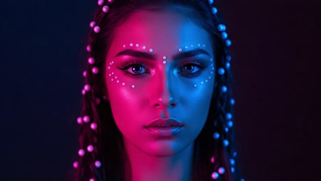 an artistic portrait featuring striking light effects with a focused expression, emphasizing unique facial artistry and creative use of color tones