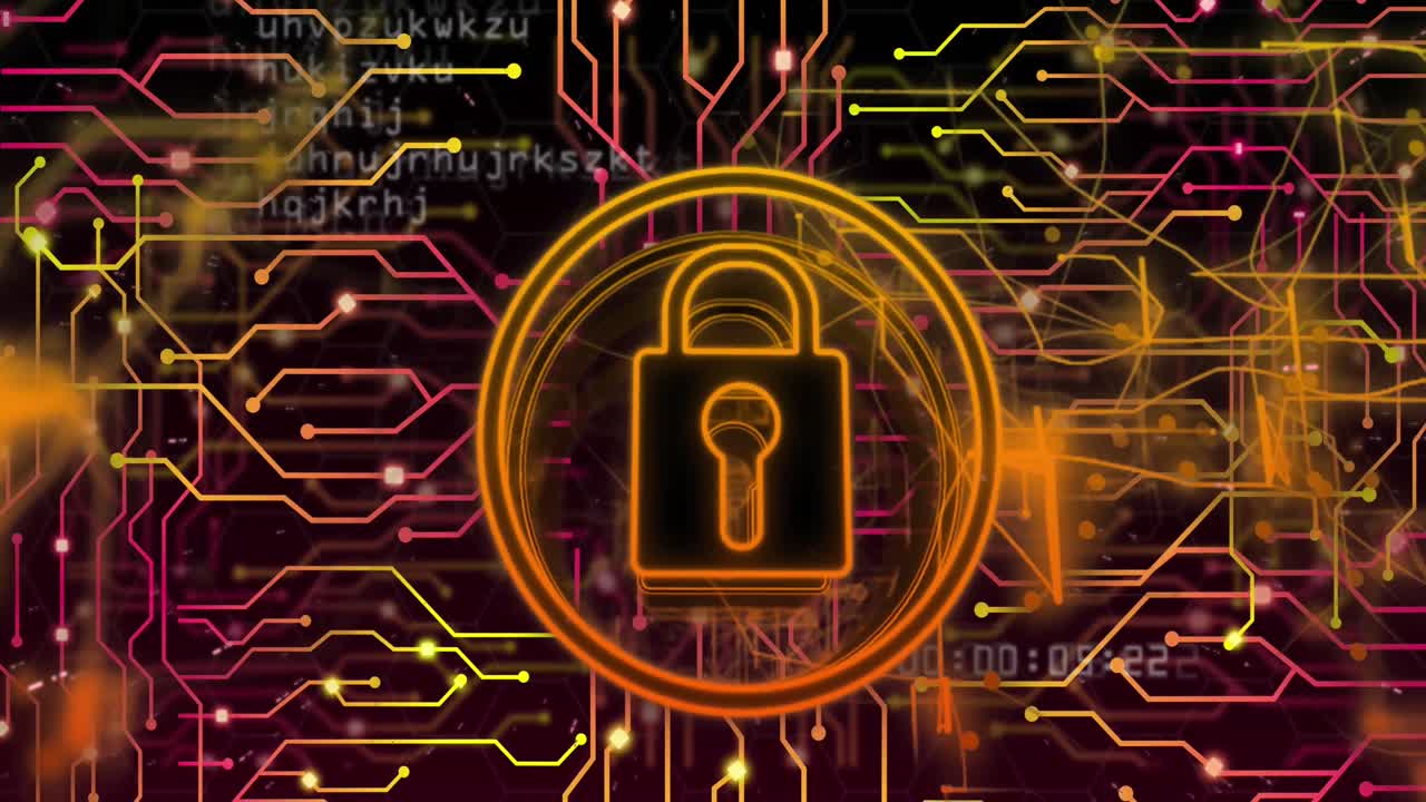 animación de un candado en círculos y un patrón de placa de circuitos sobre un fondo negro