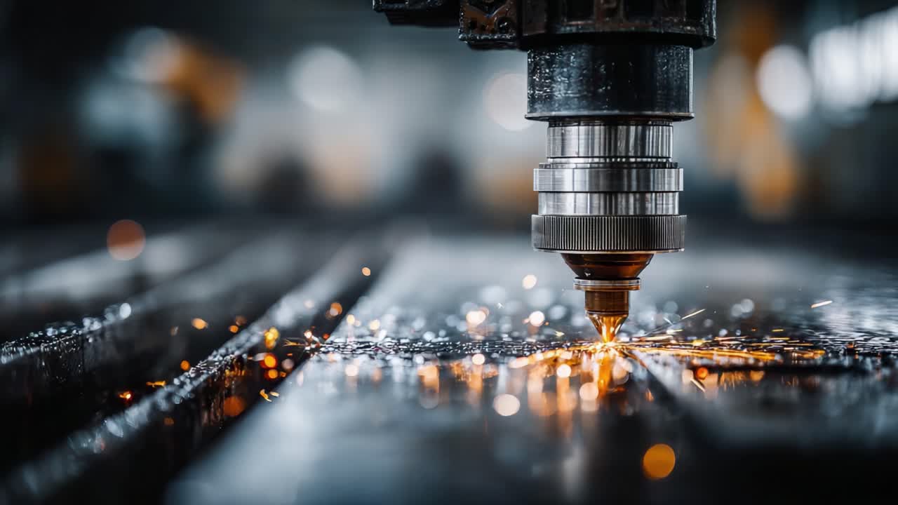Precision Cutting in Action: A Close-Up of a Laser Focusing on a Metal Surface, Emitting Sparks and Steam in an Industrial Environment
