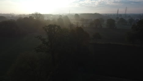 Drohne,-Die-Im-Frühen-Morgennebel-Hinter-Bäumen-Herabsteigt