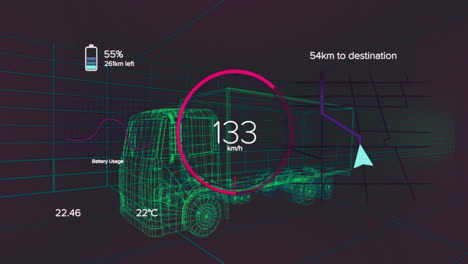 Animation-of-speedometer,-gps-and-charge-status-data-on-vehicle-interface,-over-3d-truck-model