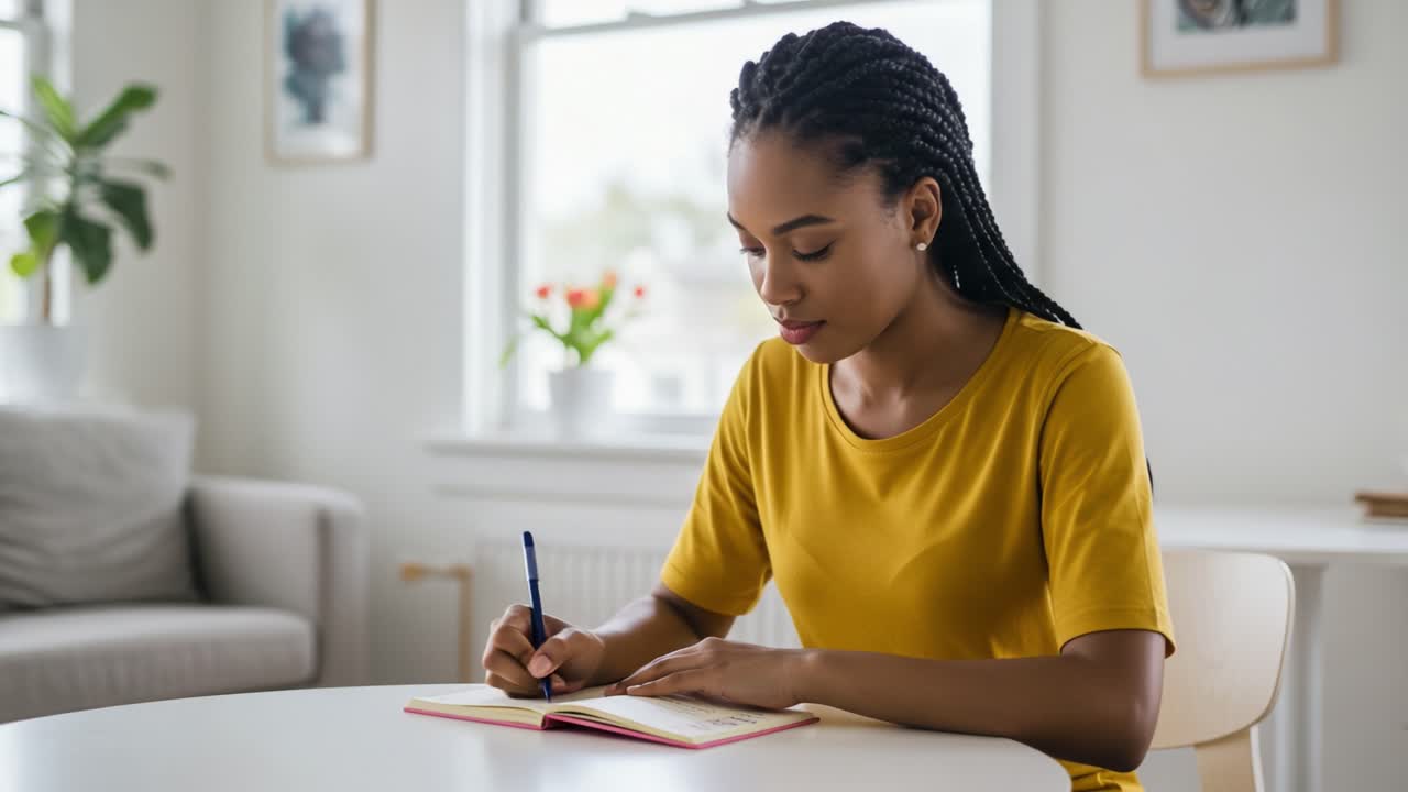 A Focused Moment of Creativity: A Young Woman in Yellow Writes in Her Notebook, Capturing Thoughts and Ideas in a Bright and Serene Living Space