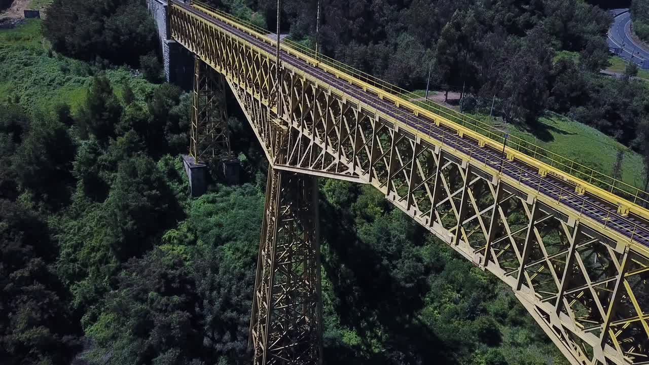 Malleco Viaduct, Chile. Drone Aerial View of Old Railway Bridge Above River Canyon, National Landmark