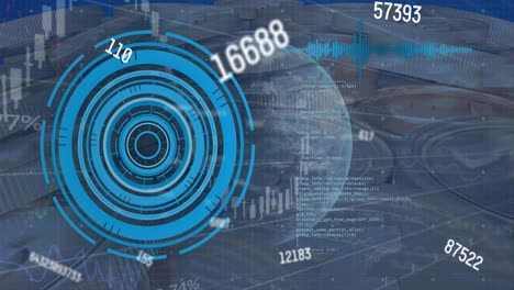 Animation-of-processing-circle,-globe,-graphs-and-numbers-on-digital-screen