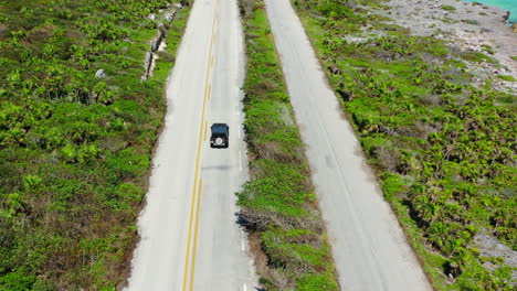 Autofahren-Auf-Langer-Küstenstraße-Mit-üppigen-Grünen-Pflanzen-In-Cozumel-Mexiko,-Antenne