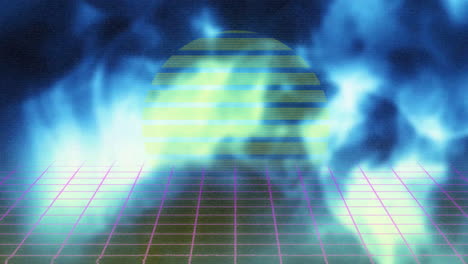 Striped circular sun glowing over neon grid while blue-green mist drifting in vaporwave style
