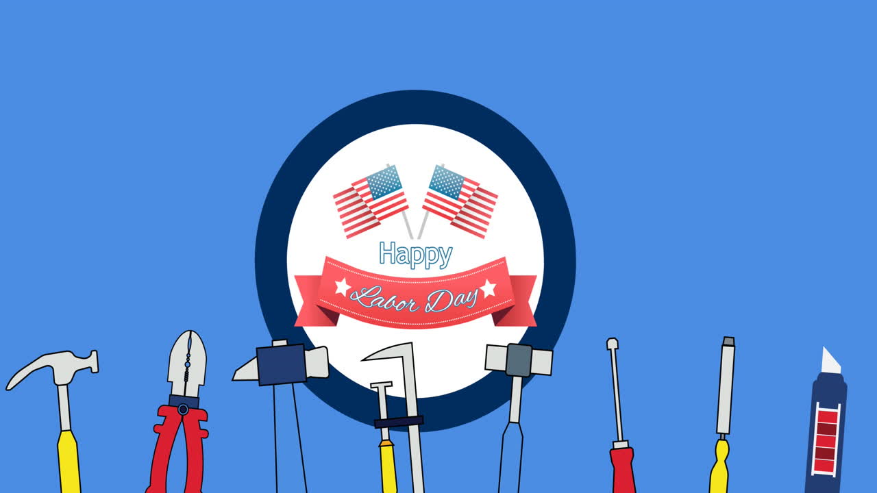 animación de texto de feliz día del trabajo sobre herramientas y fondo azul