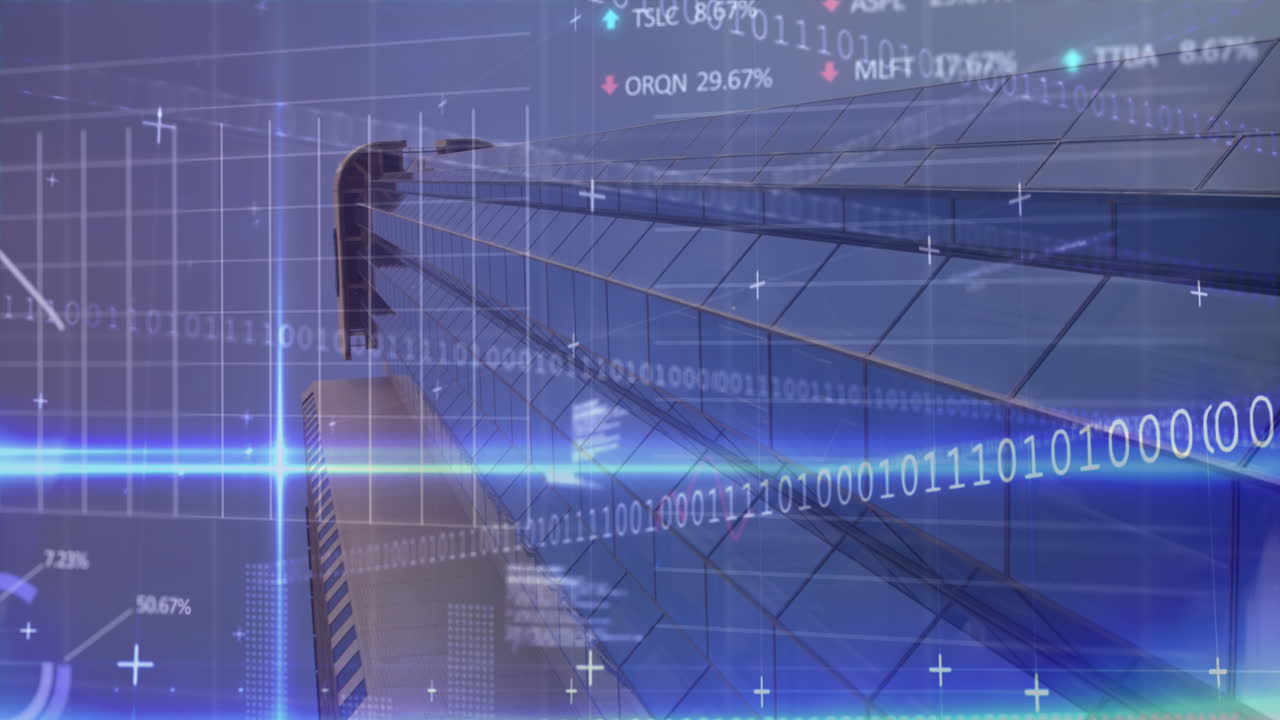 높은 건물의 낮은 각도 시야에 대한 주식 시장 데이터 처리 및 빛 트레일의 애니메이션