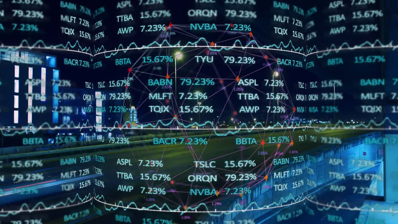 밤의 도시 교통의 전망에 대해 회전하는 지구상에서 주식 시장 데이터 처리가