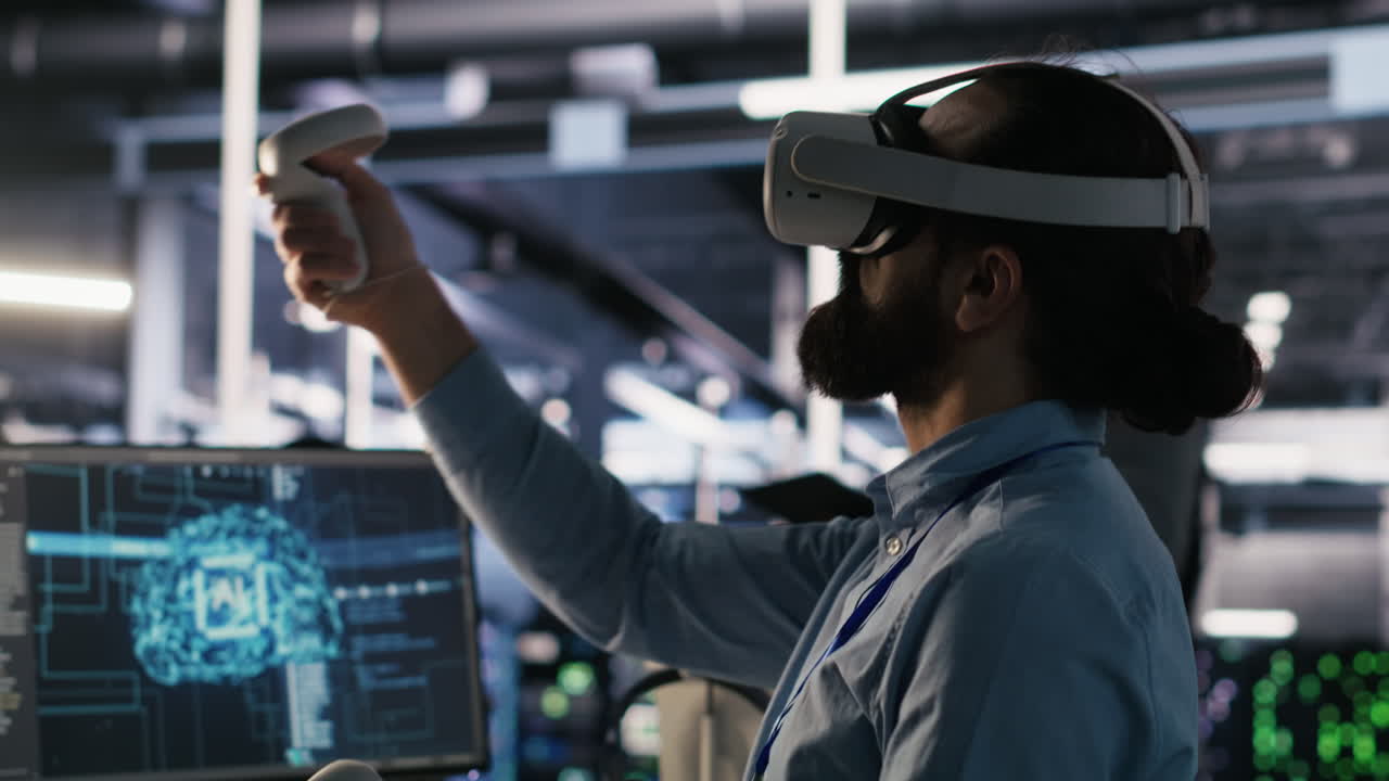 Vertical video Data center developer using virtual reality technology for AI LLM visualization