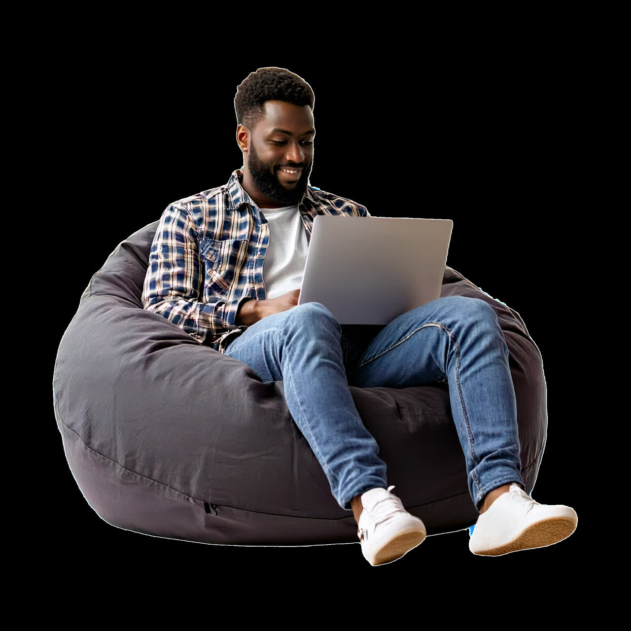 Relaxed man using laptop comfortably animation isolated asset, transparent 4K video, alpha channel