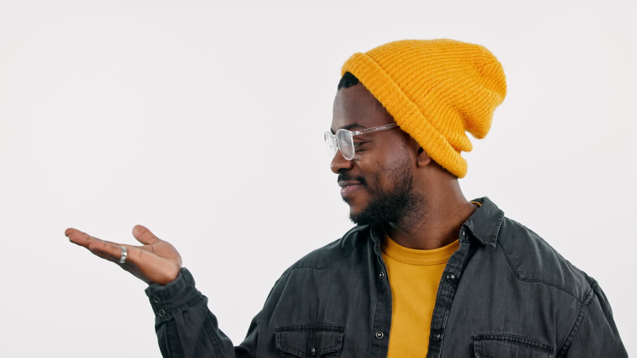 Pointing, fashion or happy black man by sale