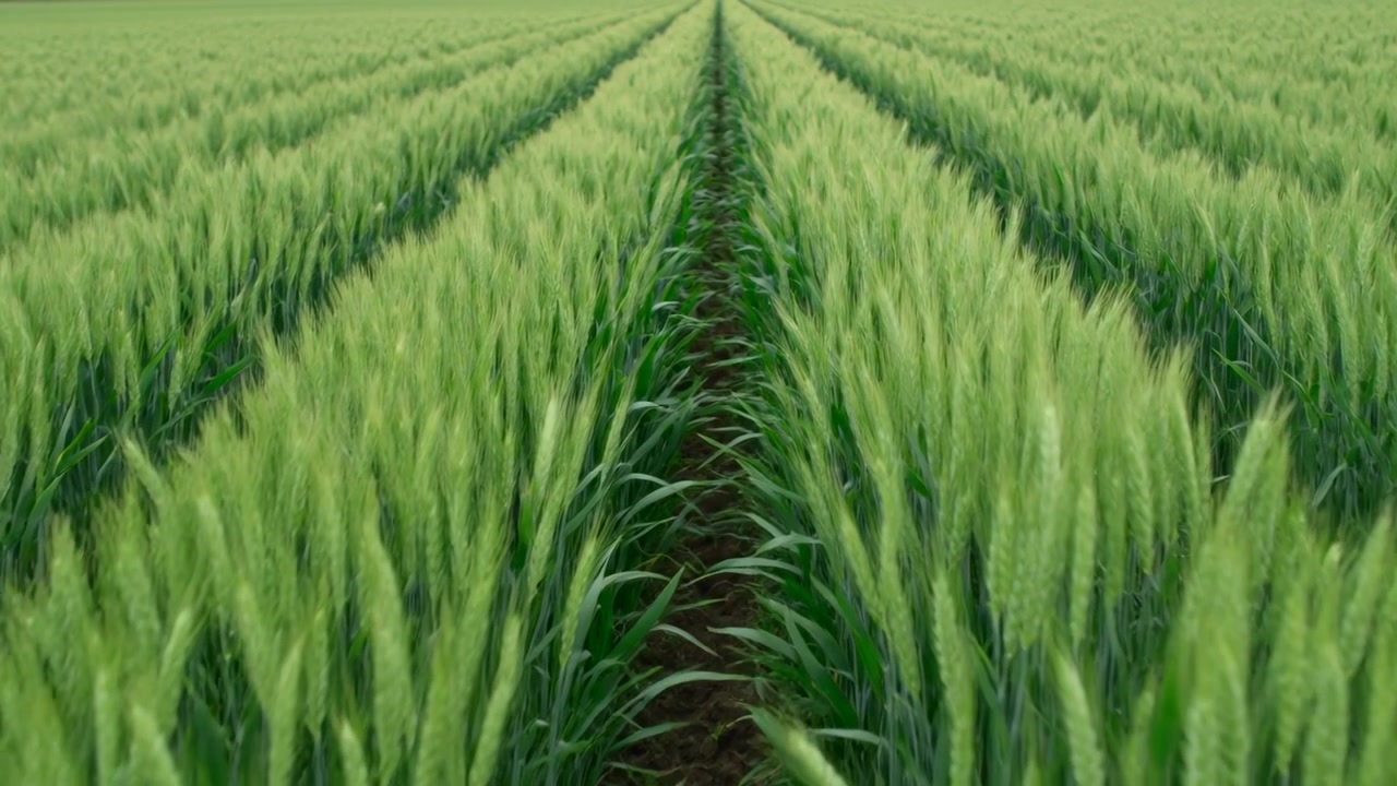 Moving camera starting forward along central furrow in field, revealing horizon, stalks swaying