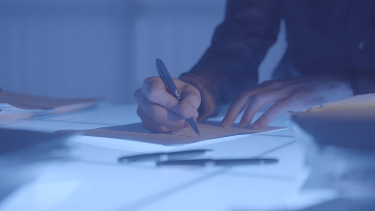 Person Writing on Paper at Night