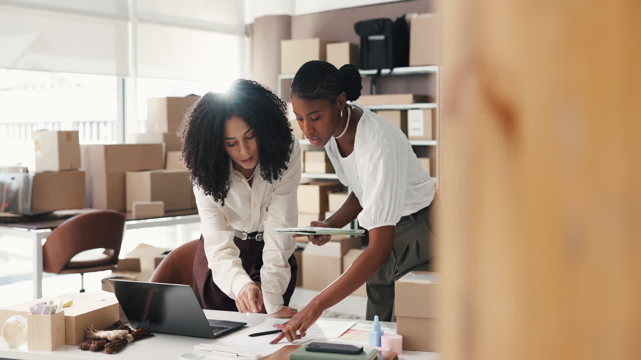 Two Women Collaborating on Laptop in Modern E-commerce Office