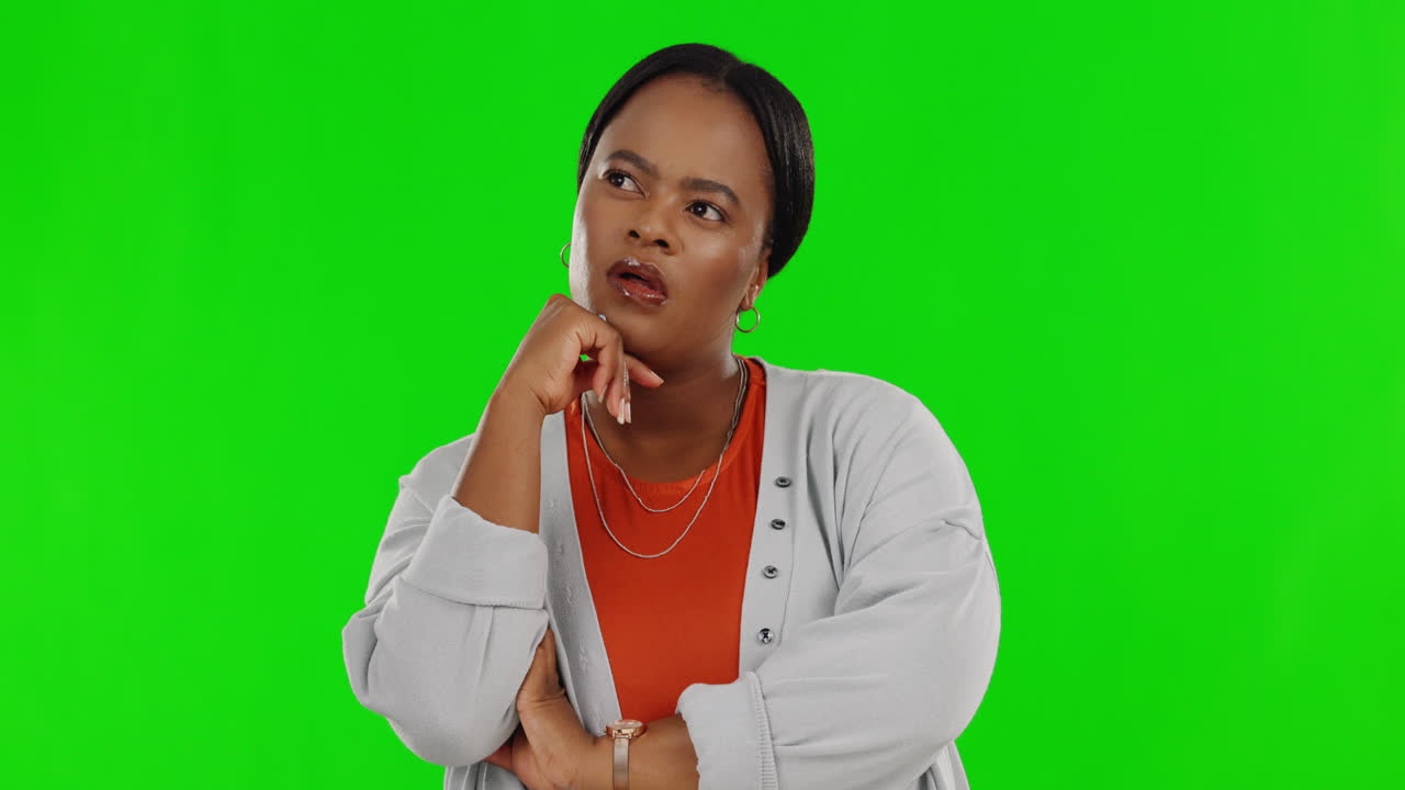 Thinking , green screen and black woman