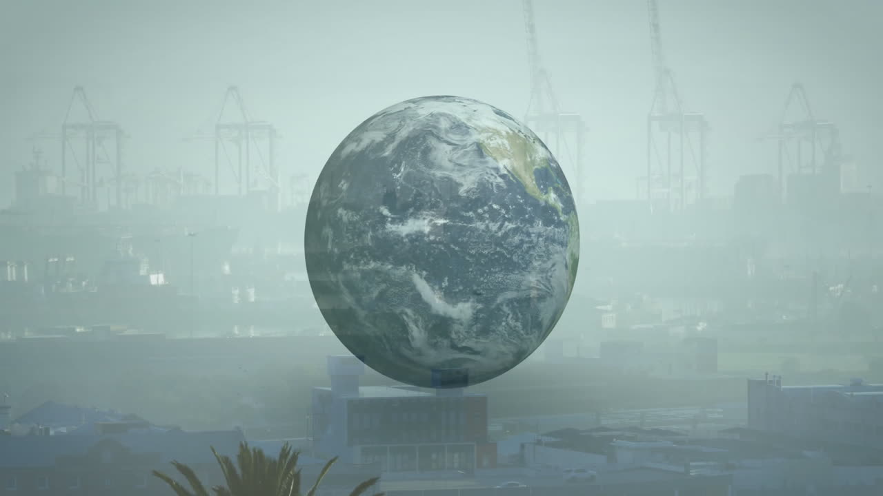 Animation of giant Earth globe hovering over cityscape with cranes in background