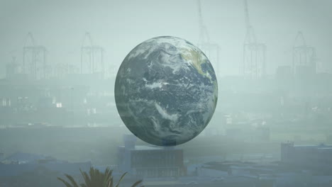 animation of giant earth globe hovering over cityscape with cranes in background