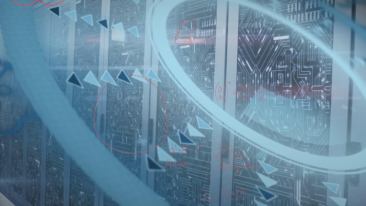 컴퓨터 서버 방에 대한 둥근 스캐너와 수학 방정식의 애니메이션