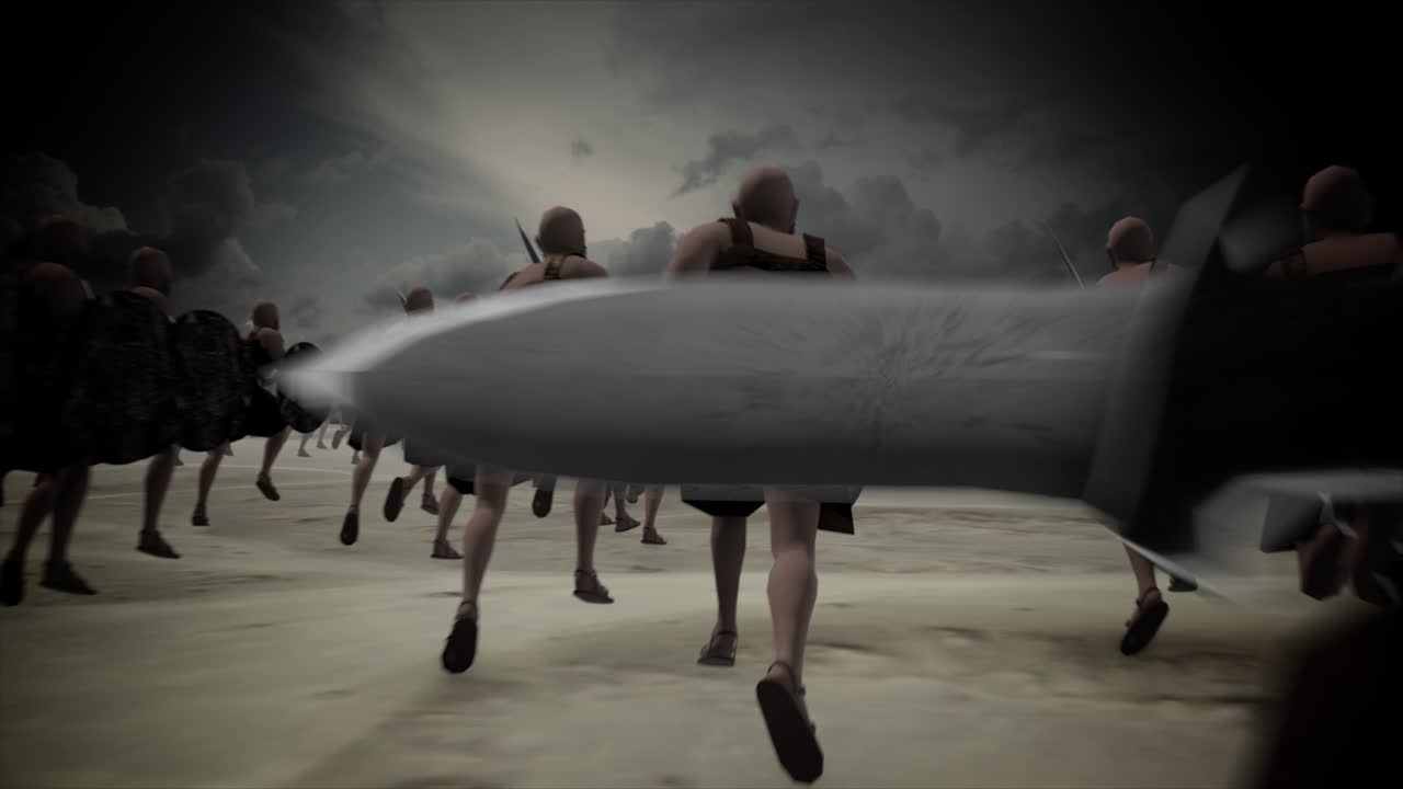 성경에 나오는 고대 군대가 전장에서 공격하고 있다.