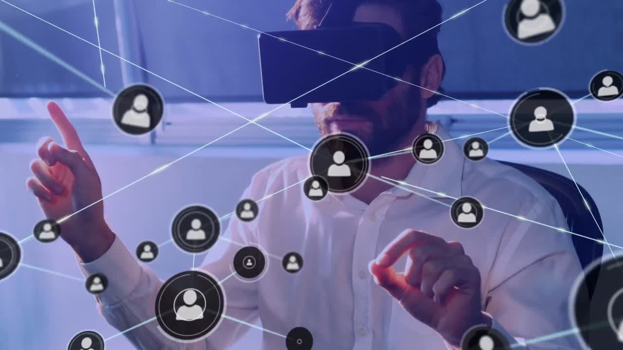Animation of network of connections with icons over caucasian businessman using vr headset