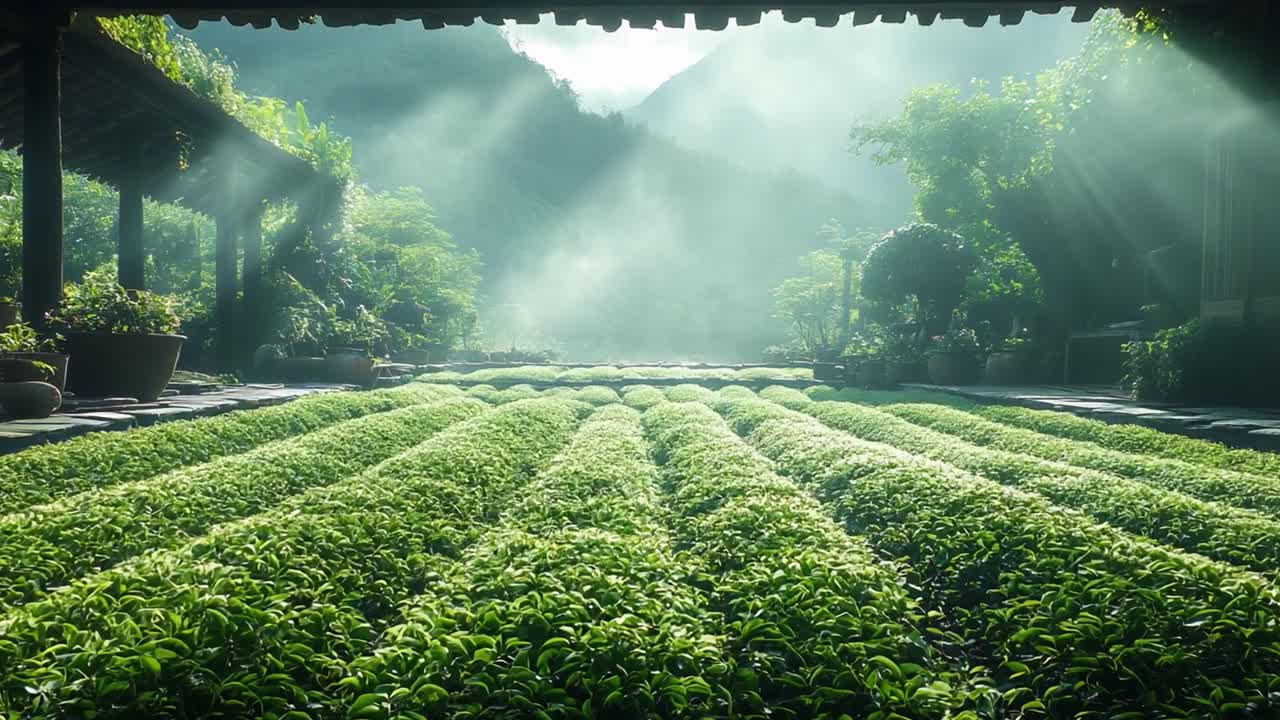 Lush tea plantation with morning mist