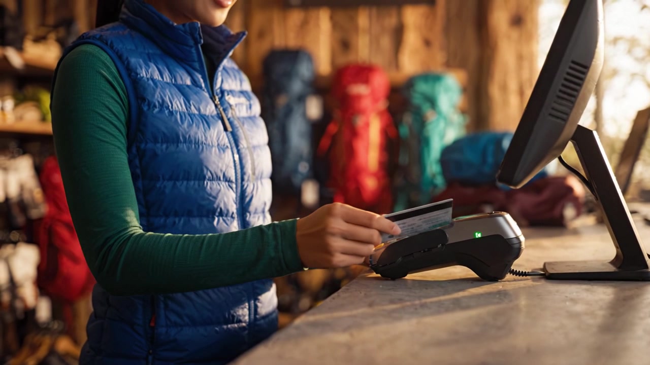 A customer completes a secure transaction at a retail counter, showcasing modern payment technology and a vibrant outdoor gear store environment in the background.