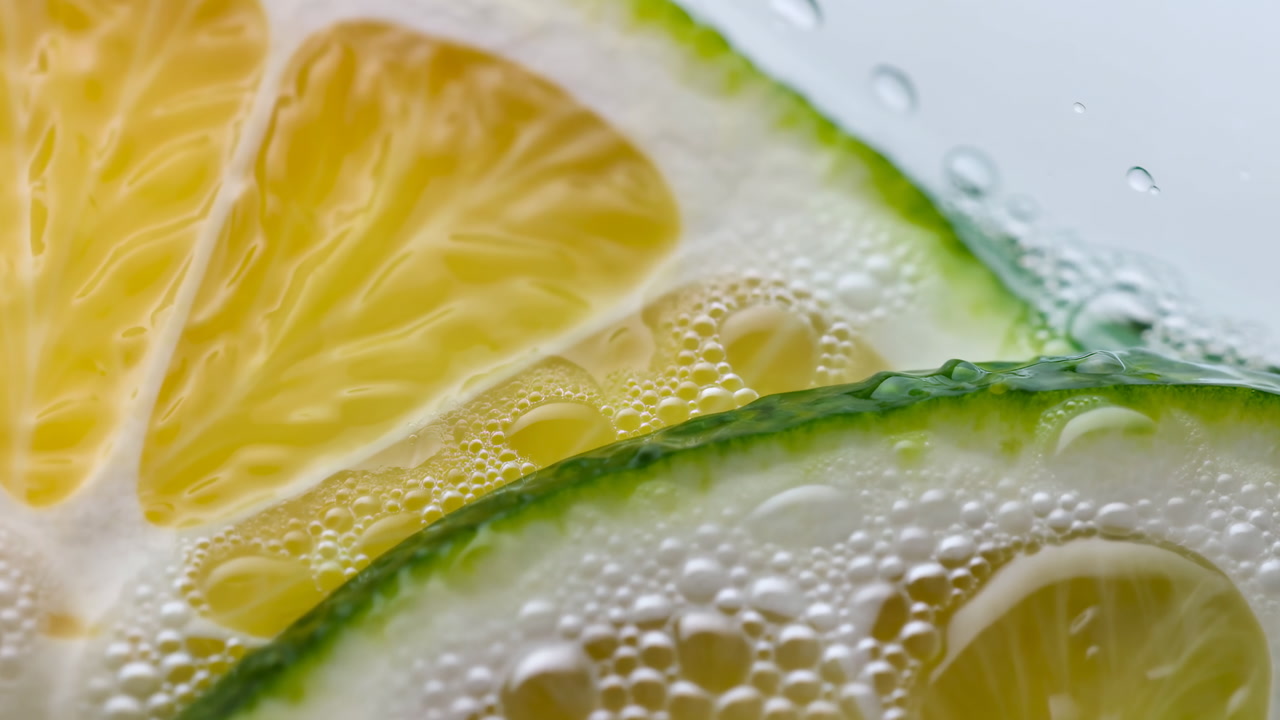 Zesty Lemon Lime Slices In Sparkling Water, Macro View Showing Tiny Bubbles And Cold Condensation On Rind,