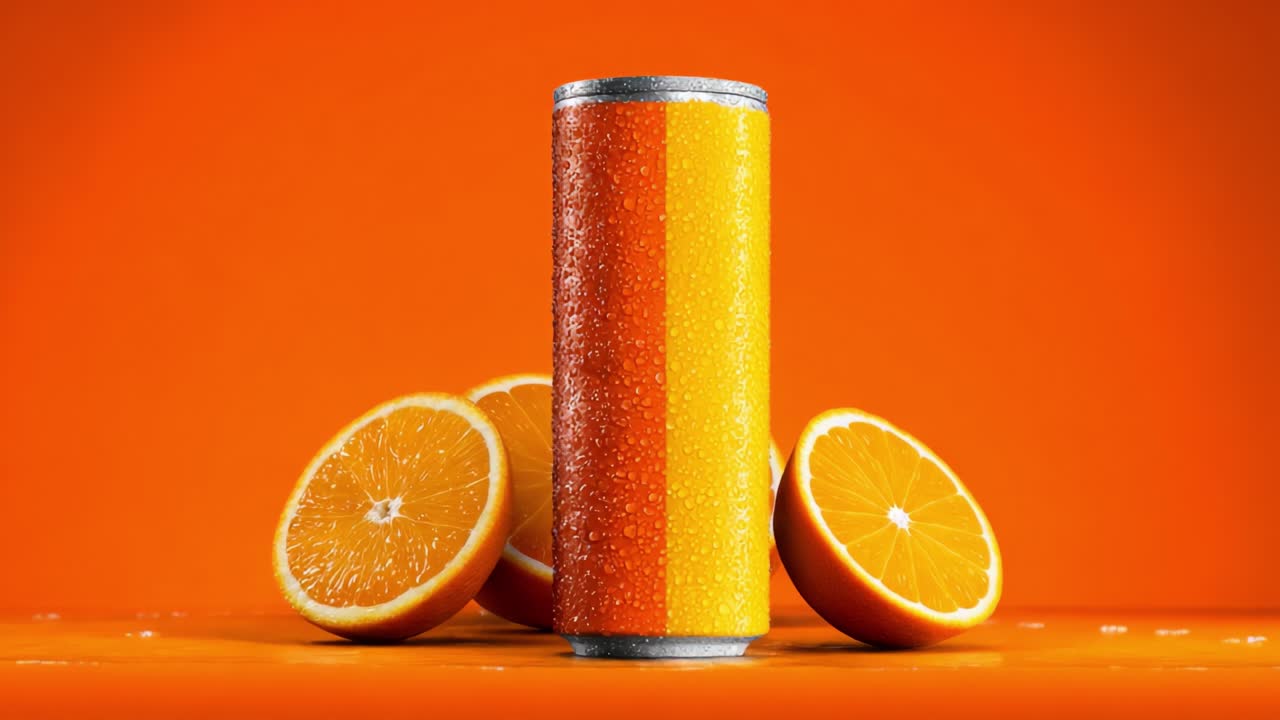Erfrischendes Zitrusgetränk umgeben von saftigen Orangen, das leuchtende Farben und Flüssigkeitsspritzer vor einem orangenfarbenen Hintergrund präsentiert, perfekt für sommerlichen Genuss