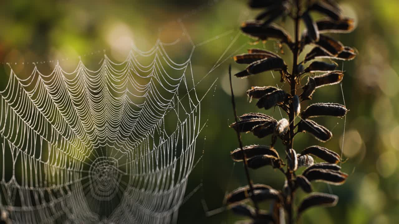 una delicada telaraña iluminada por el sol de la mañana unida al tallo marchitado del lupino