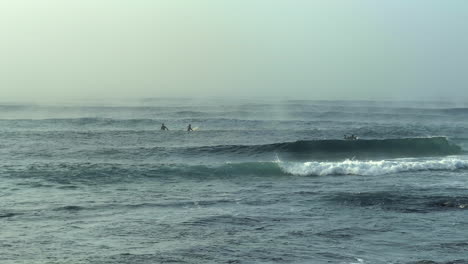surfers surfing on a foggy morning