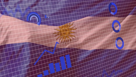 animation of statistical data processing over grid network against waving argentina flag background