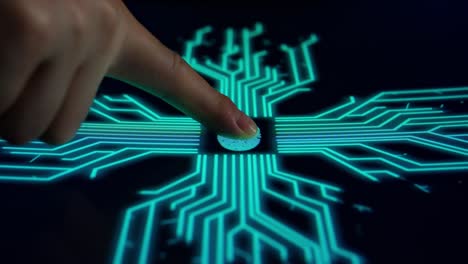 side view, human finger pushes touch fingerprint with futuristic artificial intelligence spreading through internet. visualization of machine learning, computer technology, neural network