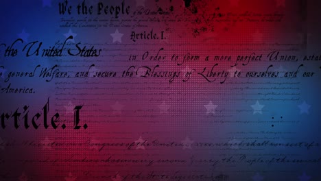 animación del texto de la constitución estadounidense sobre estrellas blancas en fondo rojo y azul